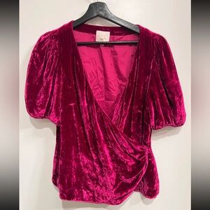 Cinq à Sept Velvet Wrap Blouse in Deep Pink Theo Puff Short Sleeves Top